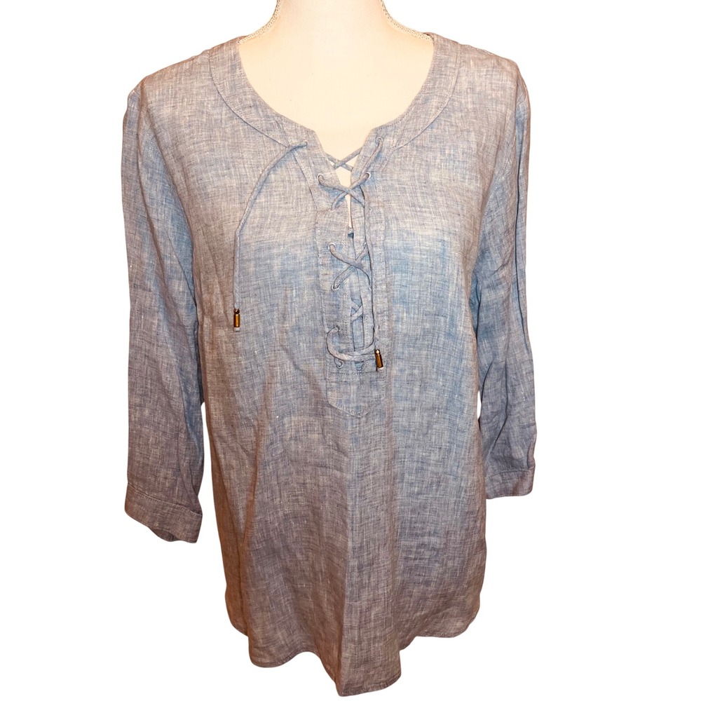 Maeve Anthropologie Womens 14 Blue 100% Linen Lace Up Tunic‎ chambray Sleeve Top